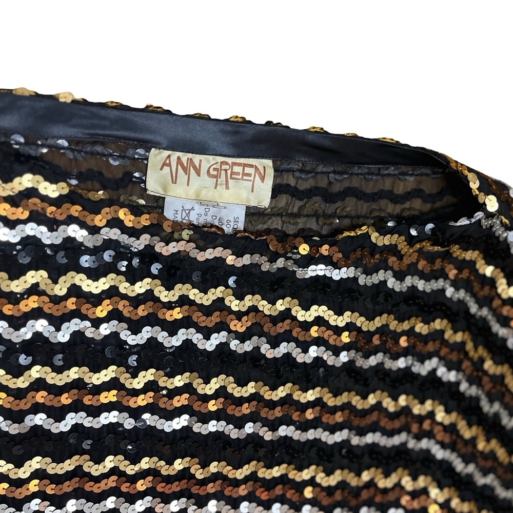 Vtg Ann Green Sheer Black Gold Bronze Silver Sequined Batwing Sz S Festive Top